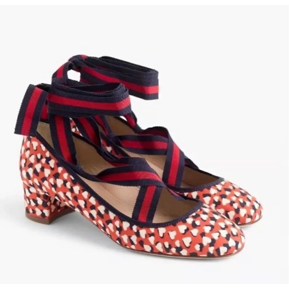 J. Crew Lace-Up Block Heel Pump Silk Red Heart Print Navy Shoes Women’s Size 8.5